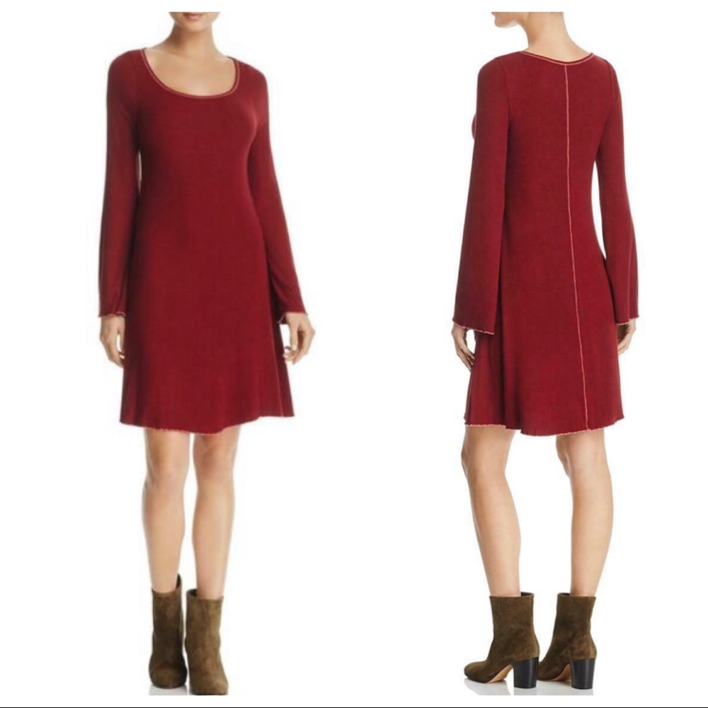 Three Dots Red Ribbed Knit Long Sleeves Dress